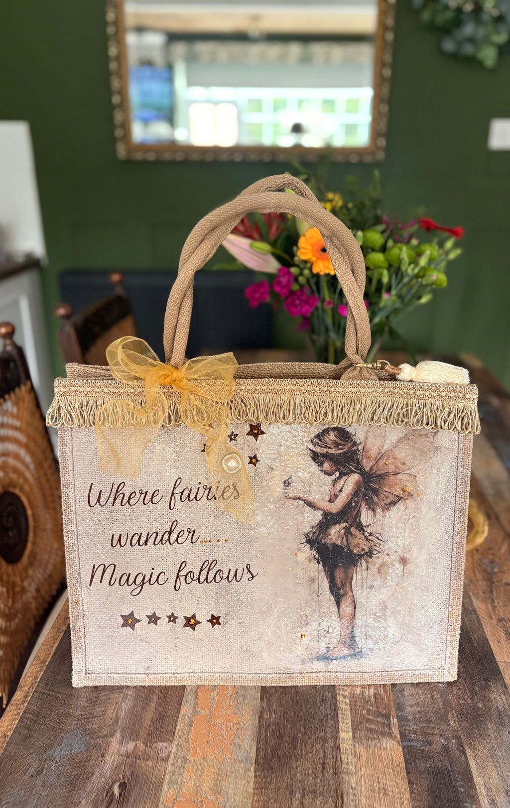 ✨ Where Fairies Wander – Hand-Decoupaged Burlap Bag ✨