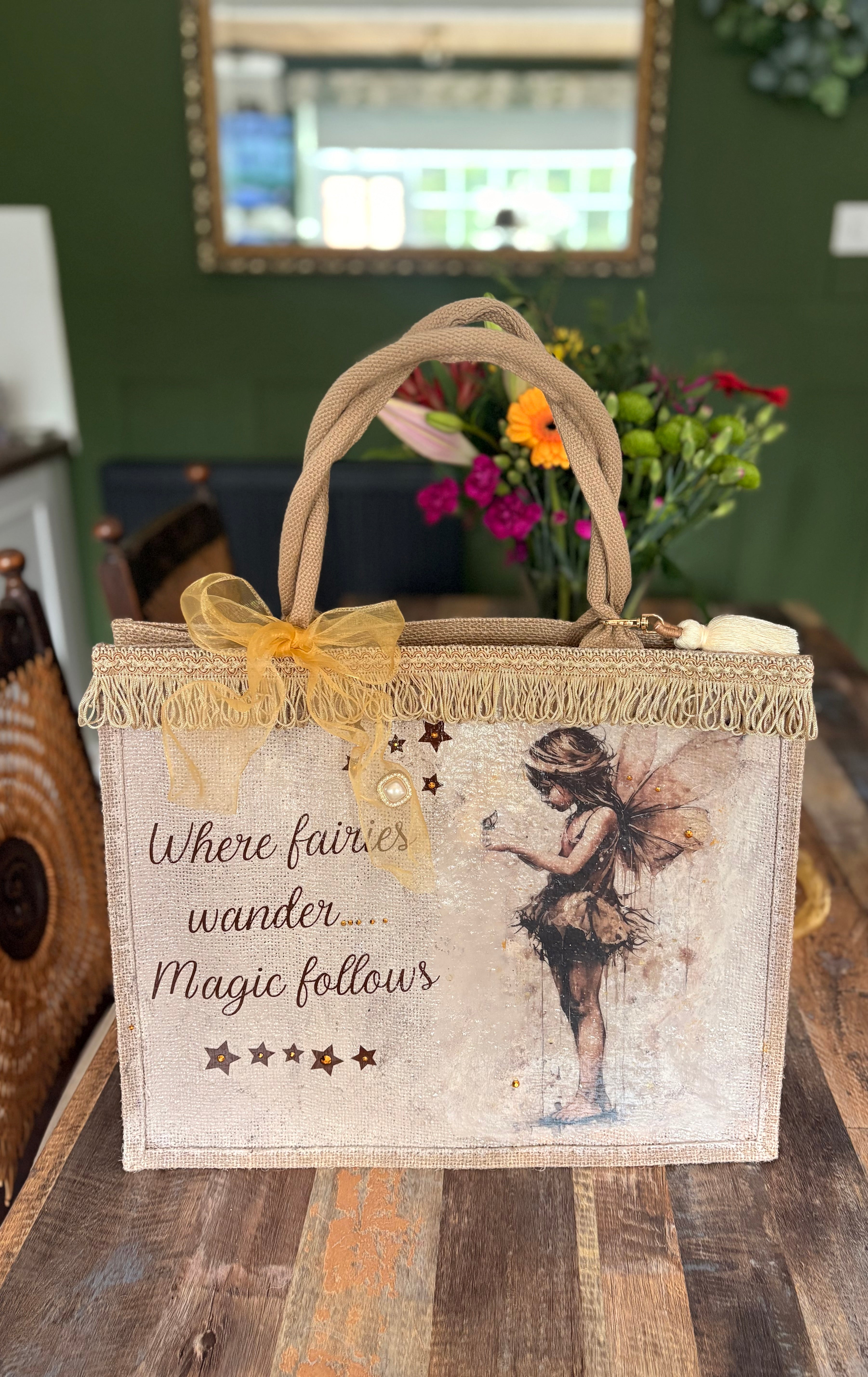 ✨ Where Fairies Wander – Hand-Decoupaged Burlap Bag ✨
