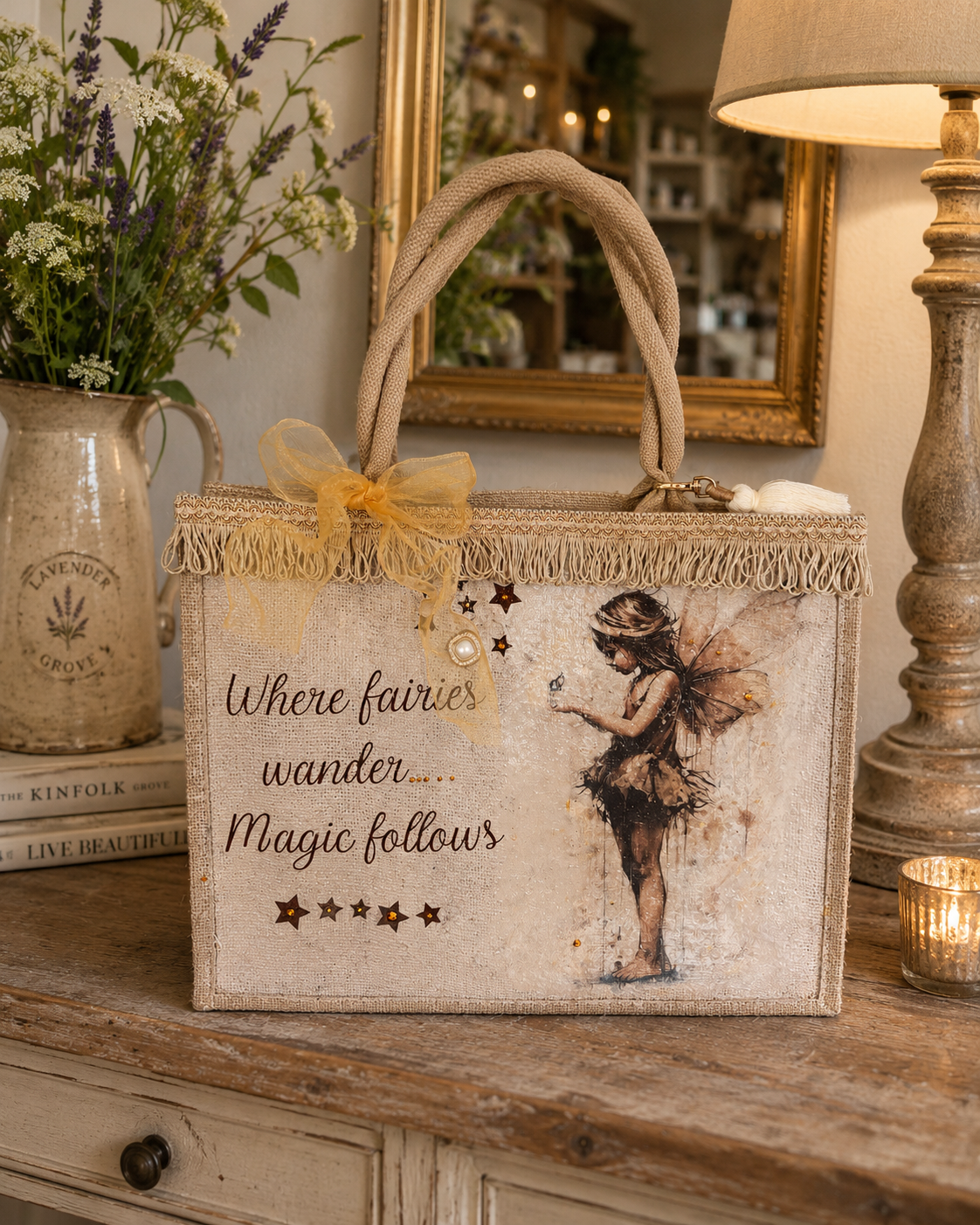 ✨ Where Fairies Wander – Hand-Decoupaged Burlap Bag ✨