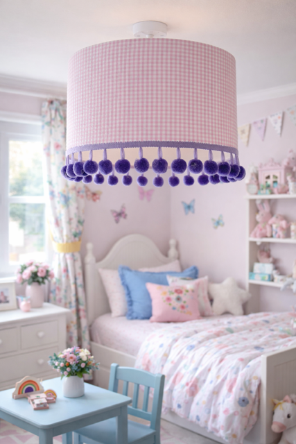 35cm Pink Gingham Waffle Fabric Light Shade with Lilac Pom Poms.