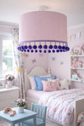 35cm Pink Gingham Waffle Fabric Light Shade with Lilac Pom Poms.