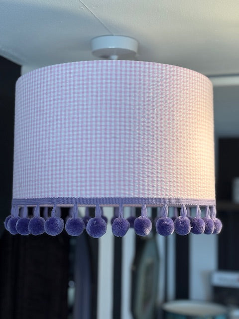 35cm Pink Gingham Waffle Fabric Light Shade with Lilac Pom Poms.