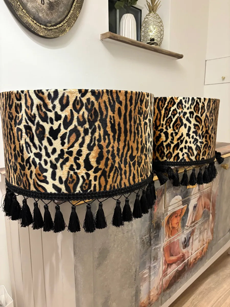 45cm Leopard Print Velvet Light Shade with Black Tassel Trim