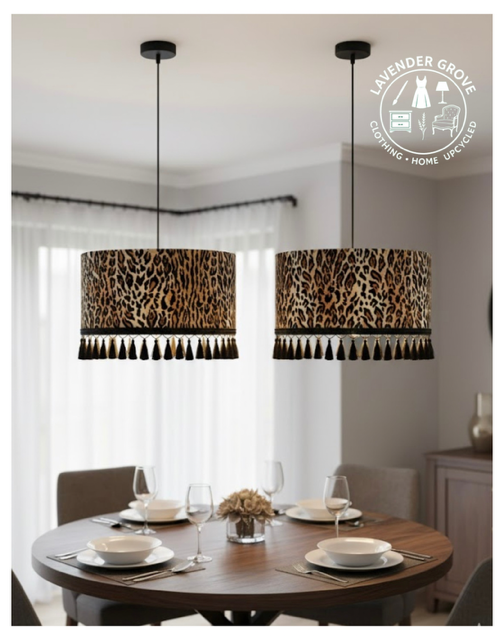 45cm Leopard Print Velvet Light Shade with Black Tassel Trim