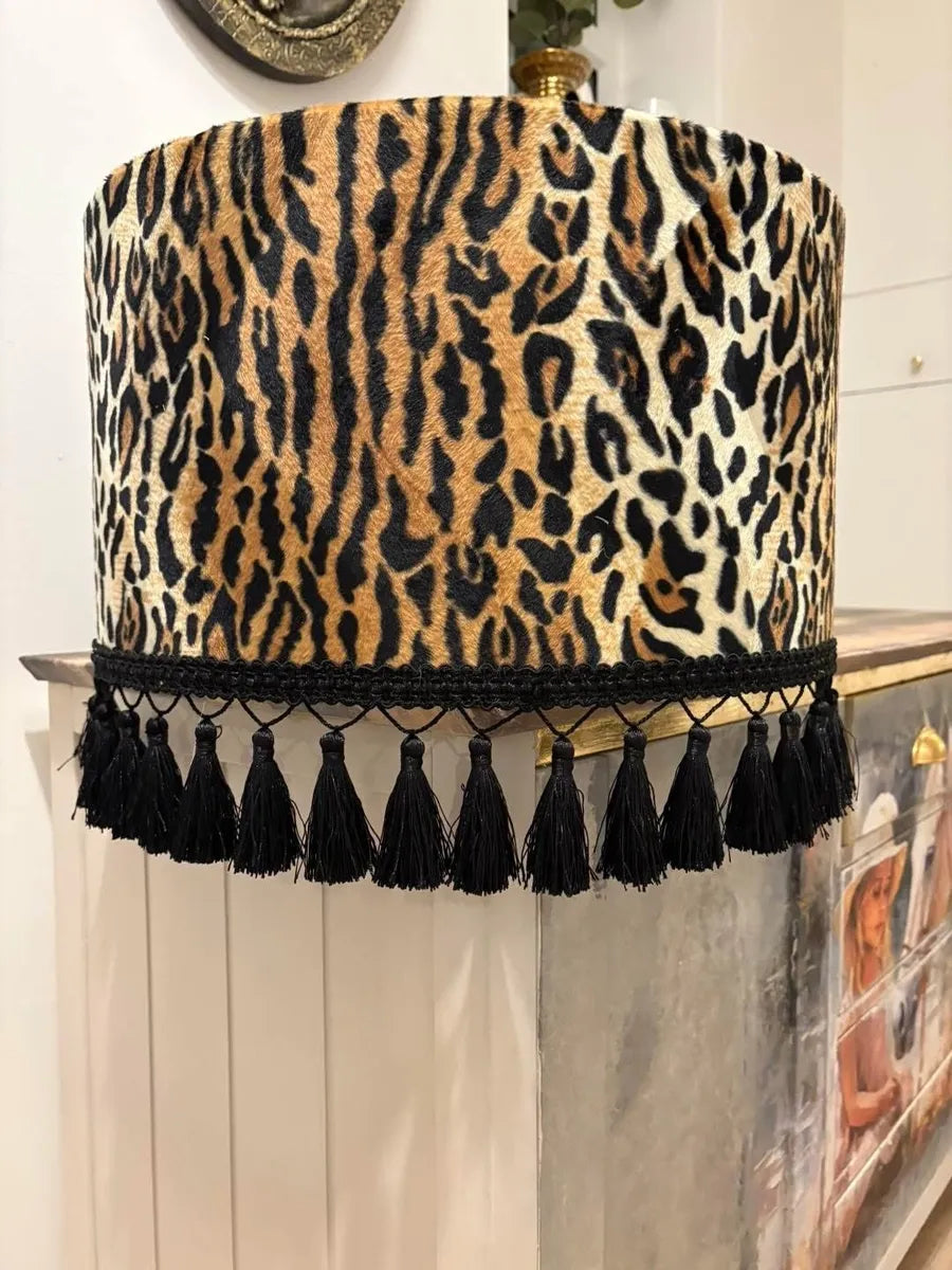 45cm Leopard Print Velvet Light Shade with Black Tassel Trim