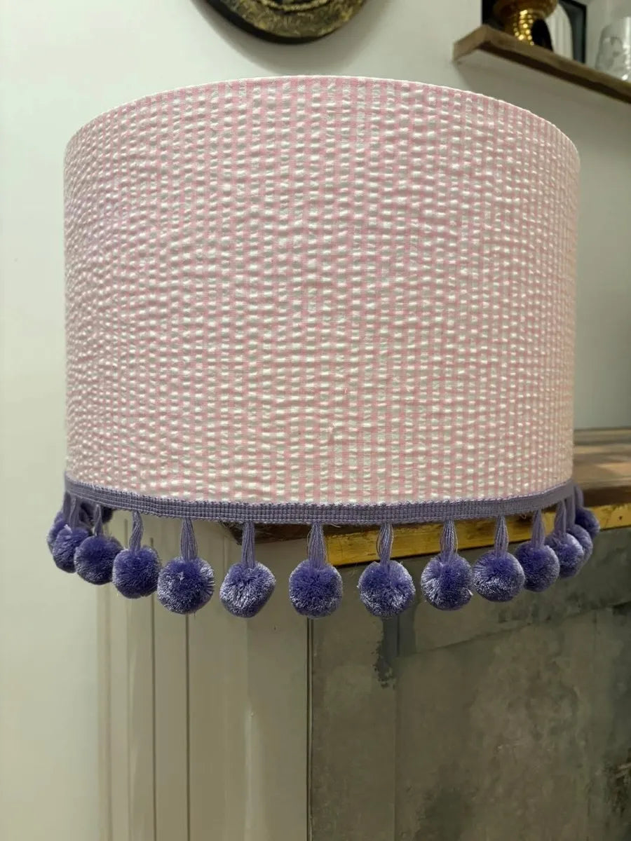 35cm Pink Gingham Waffle Fabric Light Shade with Lilac Pom Poms.